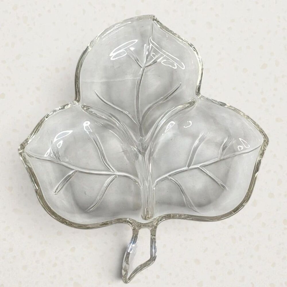 Vintage Glass Three Section Ivy Leaf Divided Relish Dish Serving Tray